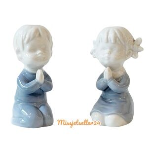 Vintage Praying Porcelain Little Boy and Girl Blue and White Japan